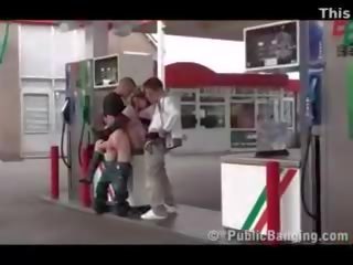 Public public sex video threesome with a pregnant woman at a gas